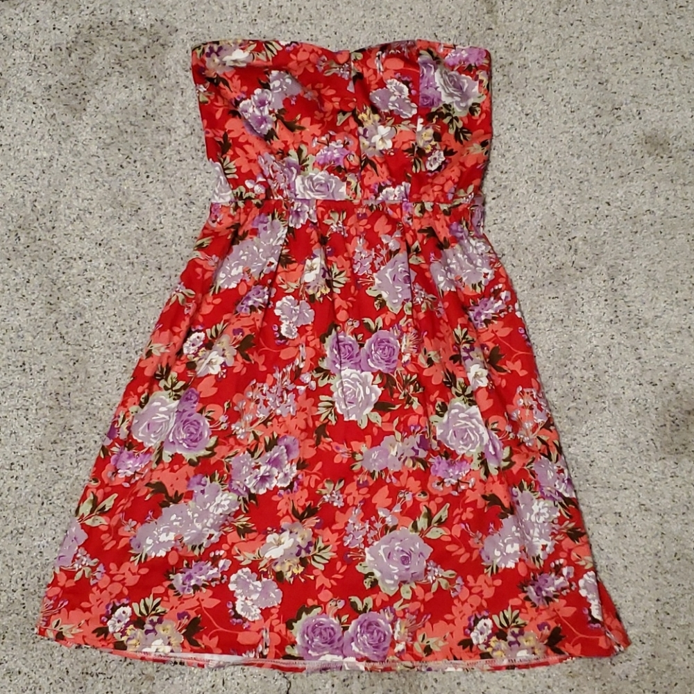 Red purple floral strapless dress sz m